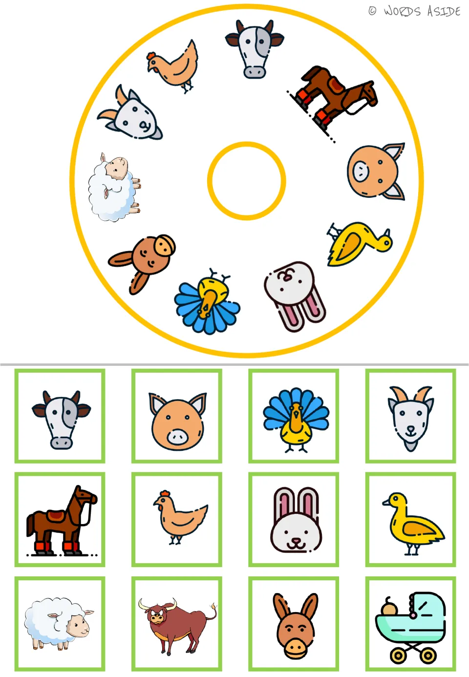 Farm animal matching wheel with 10 animals and 12 cards, including cow, horse, sheep, bull, and stroller