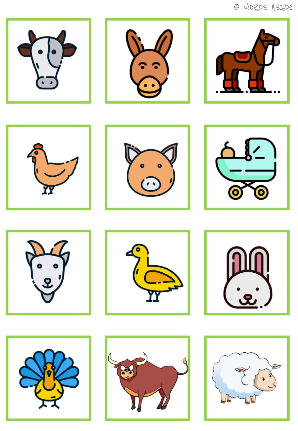 Farm animal matching set: 12 enlarged cards, including cow, donkey, horse, hen, pig, bull, and stroller
