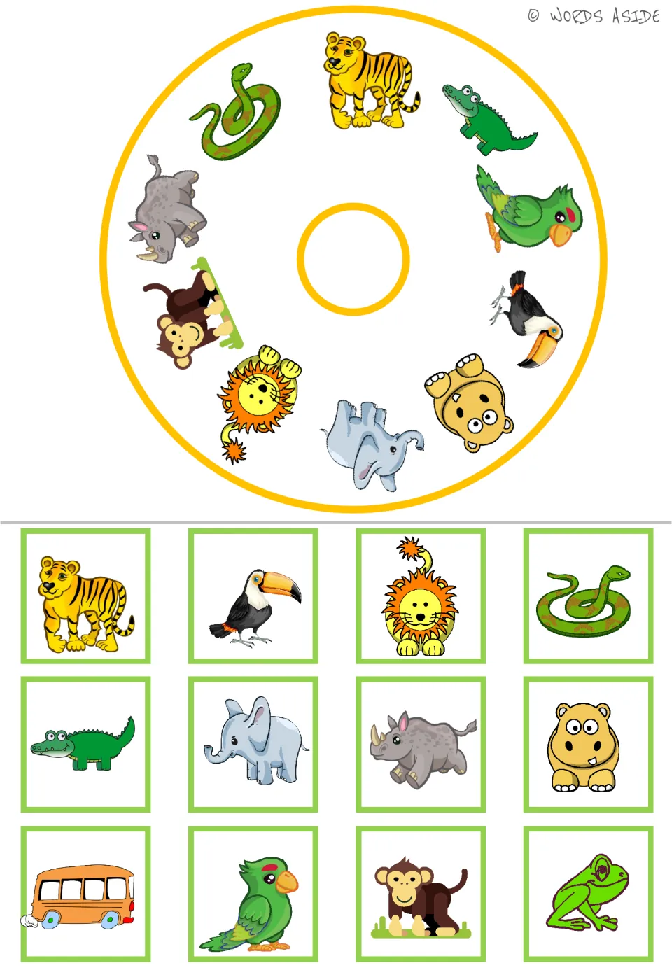 Jungle animal matching wheel with 10 animals and 12 cards, including tiger, toucan, lion, frog, and bus