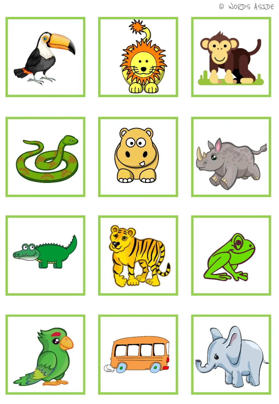 Jungle animal matching set: 12 enlarged cards, including toucan, lion, monkey, snake, frog, and school bus