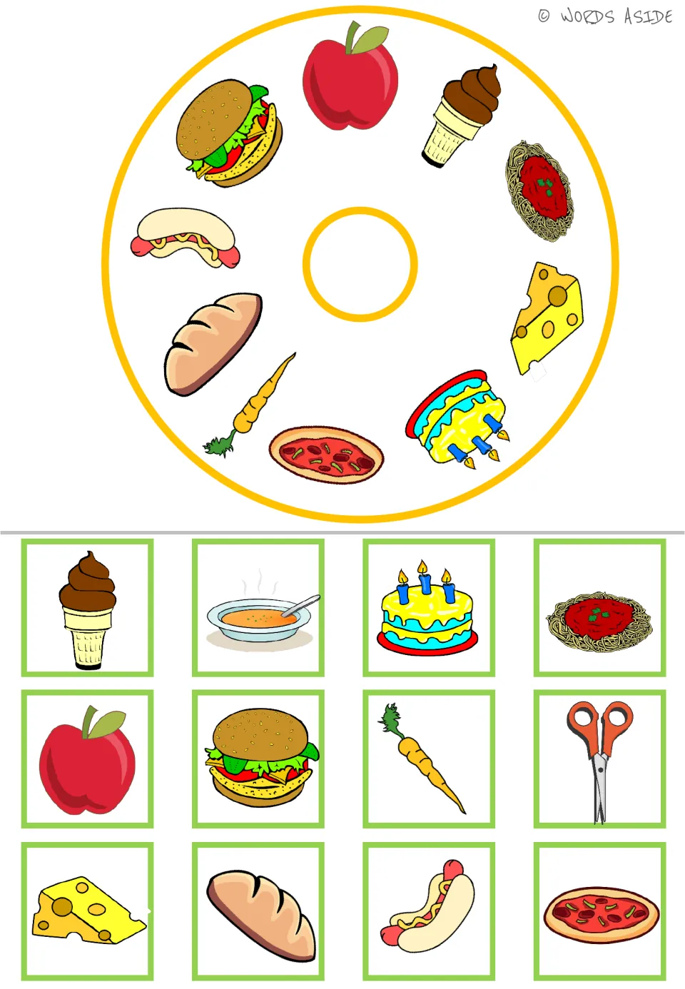Food matching wheel with 10 foods and 12 cards, including apple, ice cream, pasta, cheese, soup, and scissors