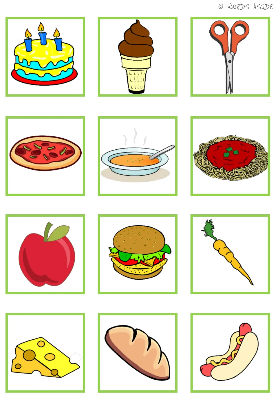 Food matching set: 12 enlarged cards, including cake, ice cream, pizza, soup, pasta, apple, and scissors
