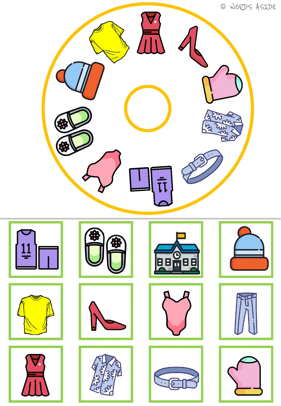Clothing matching wheel with 10 items and 12 cards, including dress, high heel, mitten, pants, and school