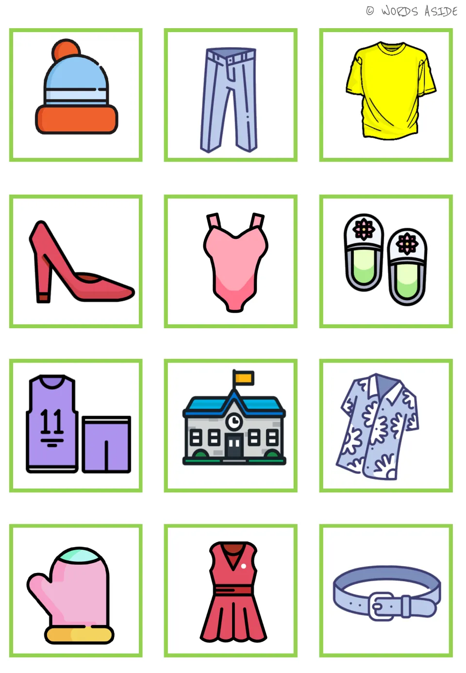 Clothing matching set: 12 enlarged cards, including winter hat, pants, T-shirt, swimsuit, belt, and school