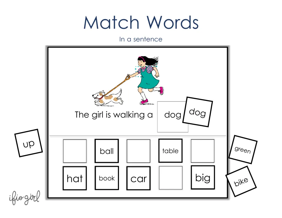 Match Words in a Sentence cover: girl walking a dog sentence with dog card matched, plus word cards like ball, hat and up