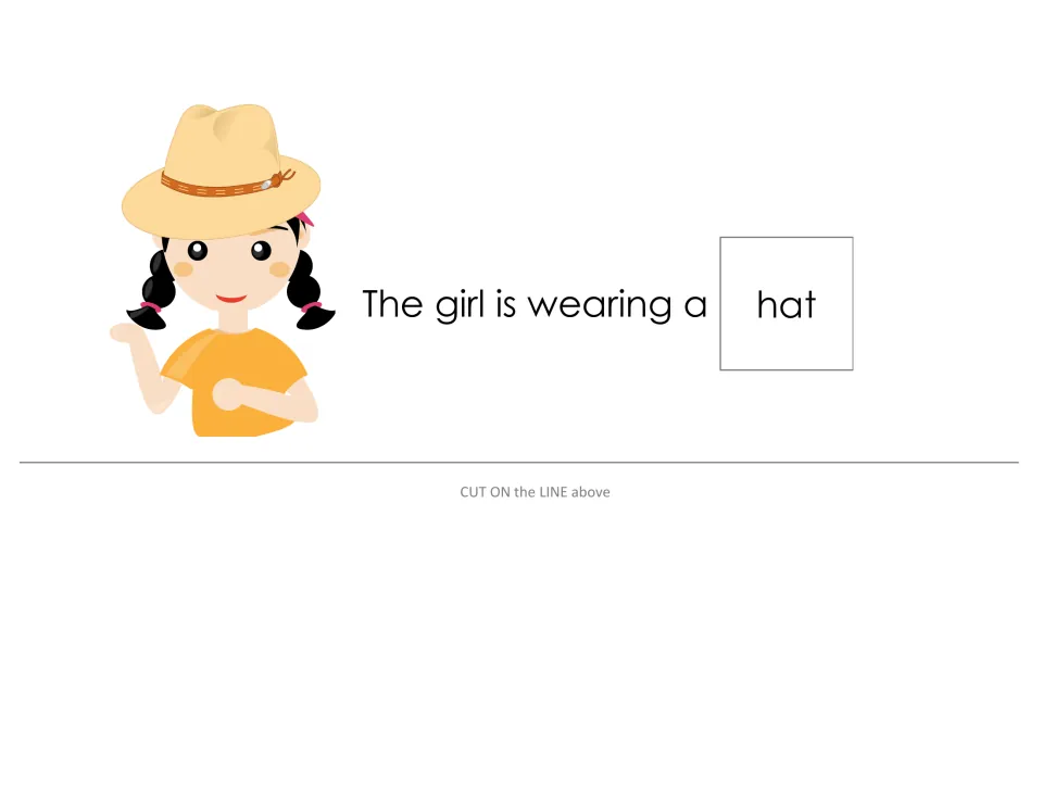 Sentence strip 'The girl is wearing a hat' with a girl in a straw hat; students place the matching hat word card on it