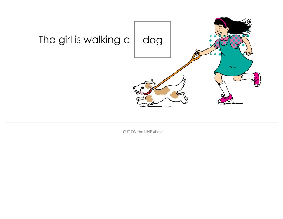 Sentence strip 'The girl is walking a dog' showing a girl with a dog on a leash; students match the dog word card to it