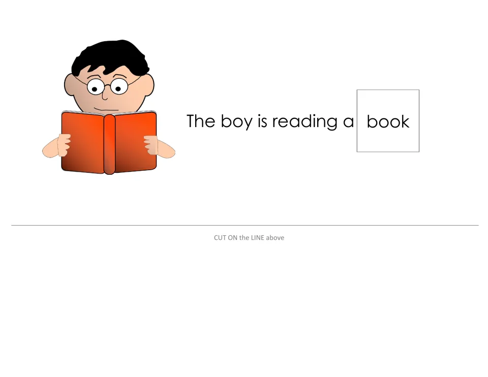 Sentence strip 'The boy is reading a book' with a boy holding an open book; students match the book word card to the word