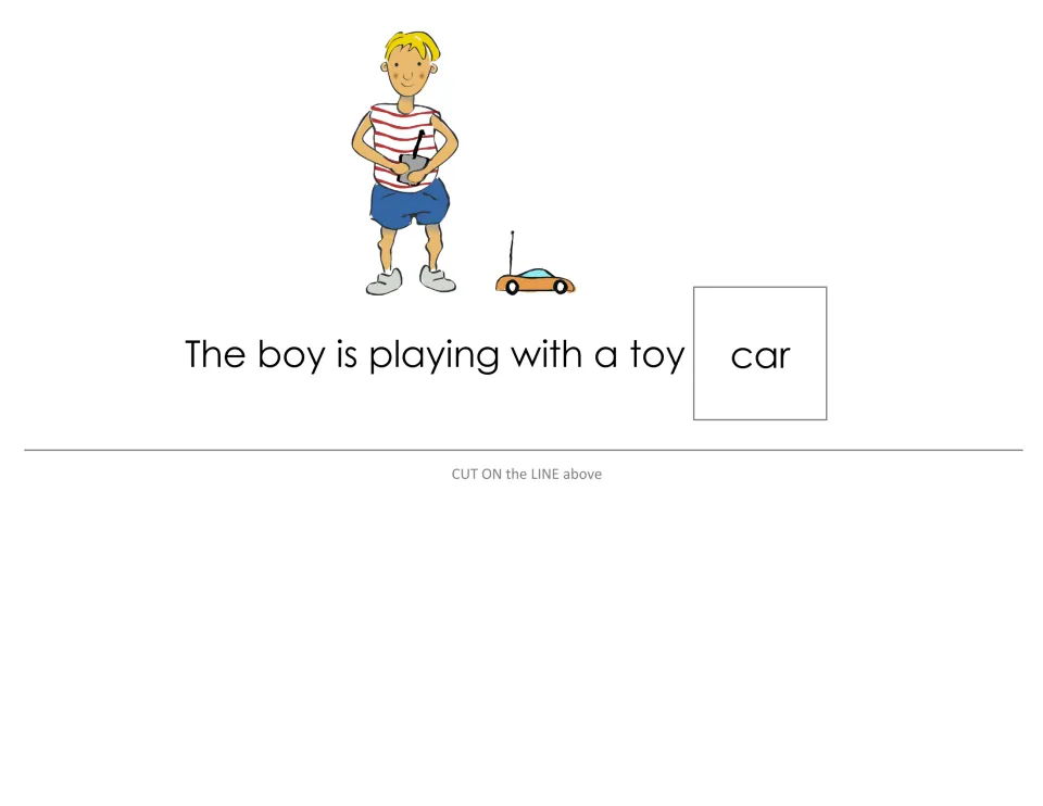 Sentence strip 'The boy is playing with a toy car' with a boy and remote-control car; students match the car word card