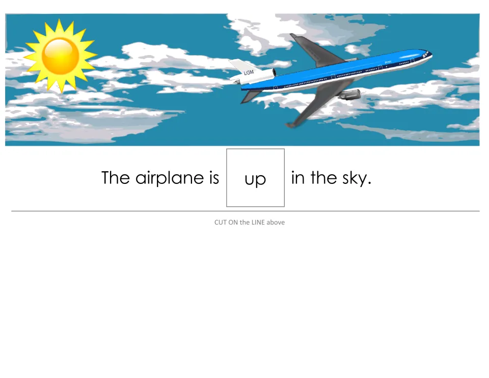 Sentence strip 'The airplane is up in the sky' with a jet flying past the sun and clouds; students match the up word card