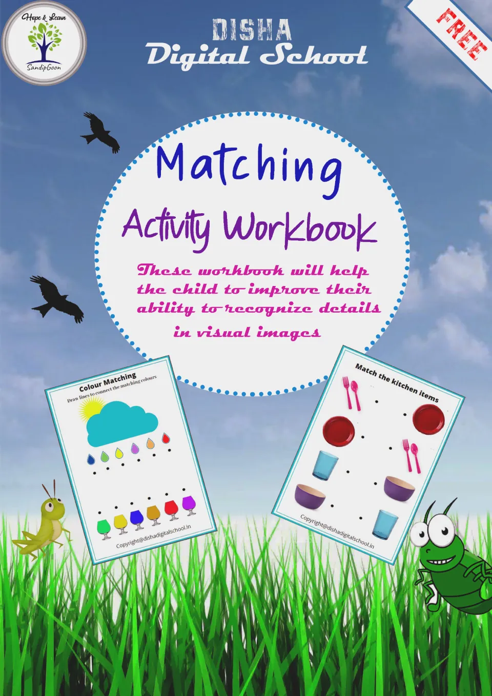 Matching Activity Workbook cover from Disha Digital School, showing color and kitchen-item matching samples
