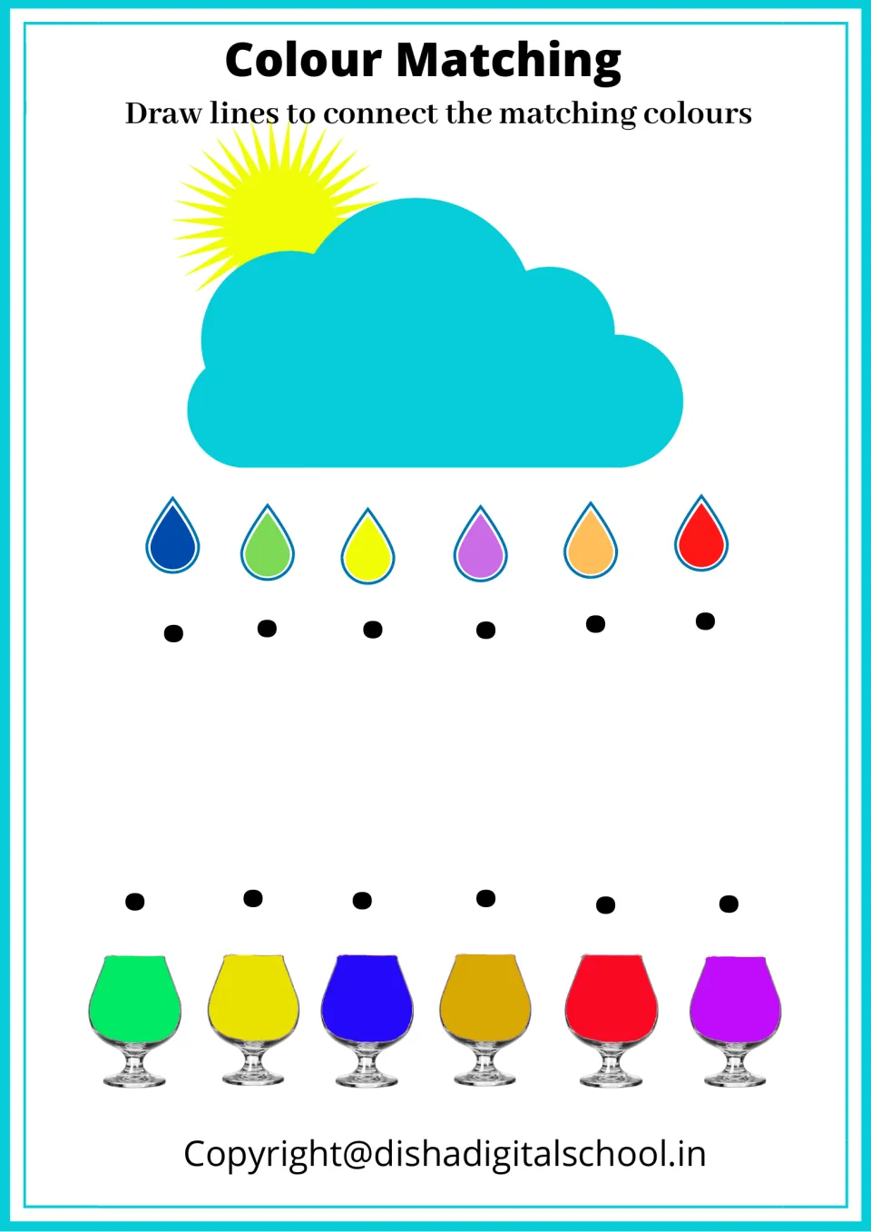 Color matching activity asks children to connect six colored raindrops to glasses of matching colors