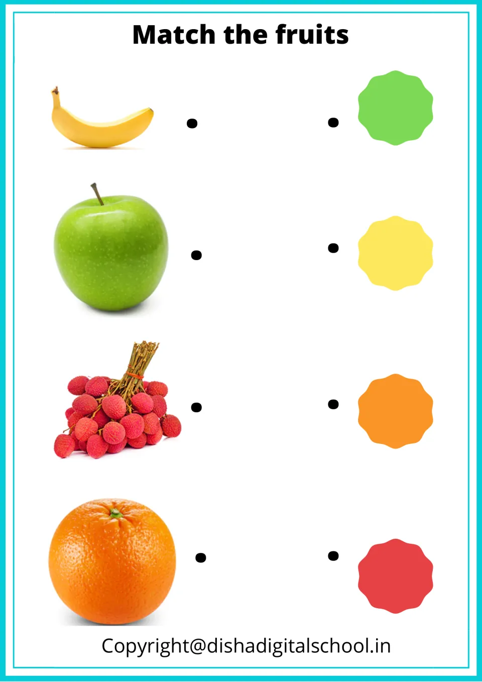 Fruit matching activity pairs a banana, green apple, lychees, and orange with four matching color samples