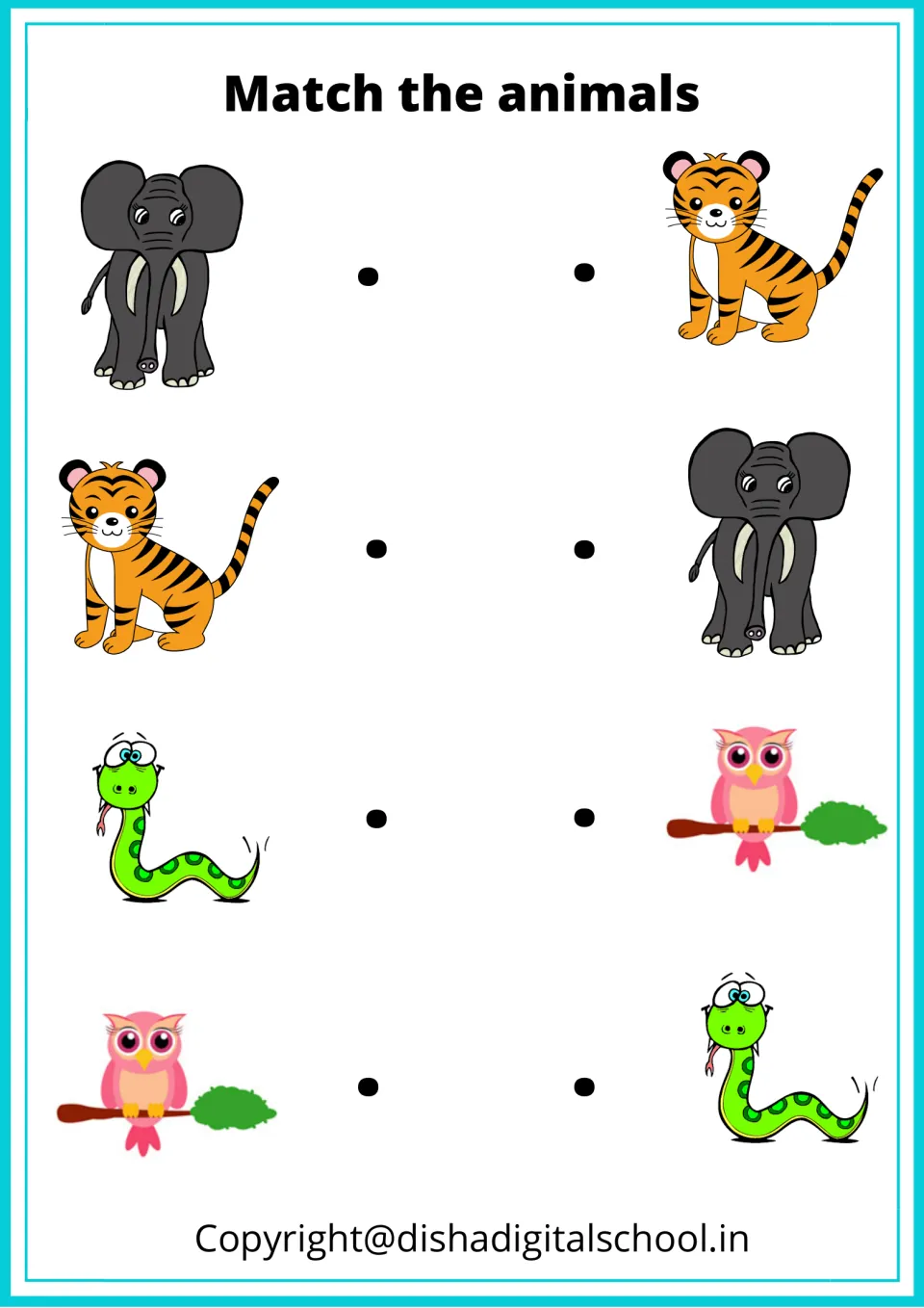 Animal matching activity pairs four repeated pictures: an elephant, tiger, green snake, and pink owl