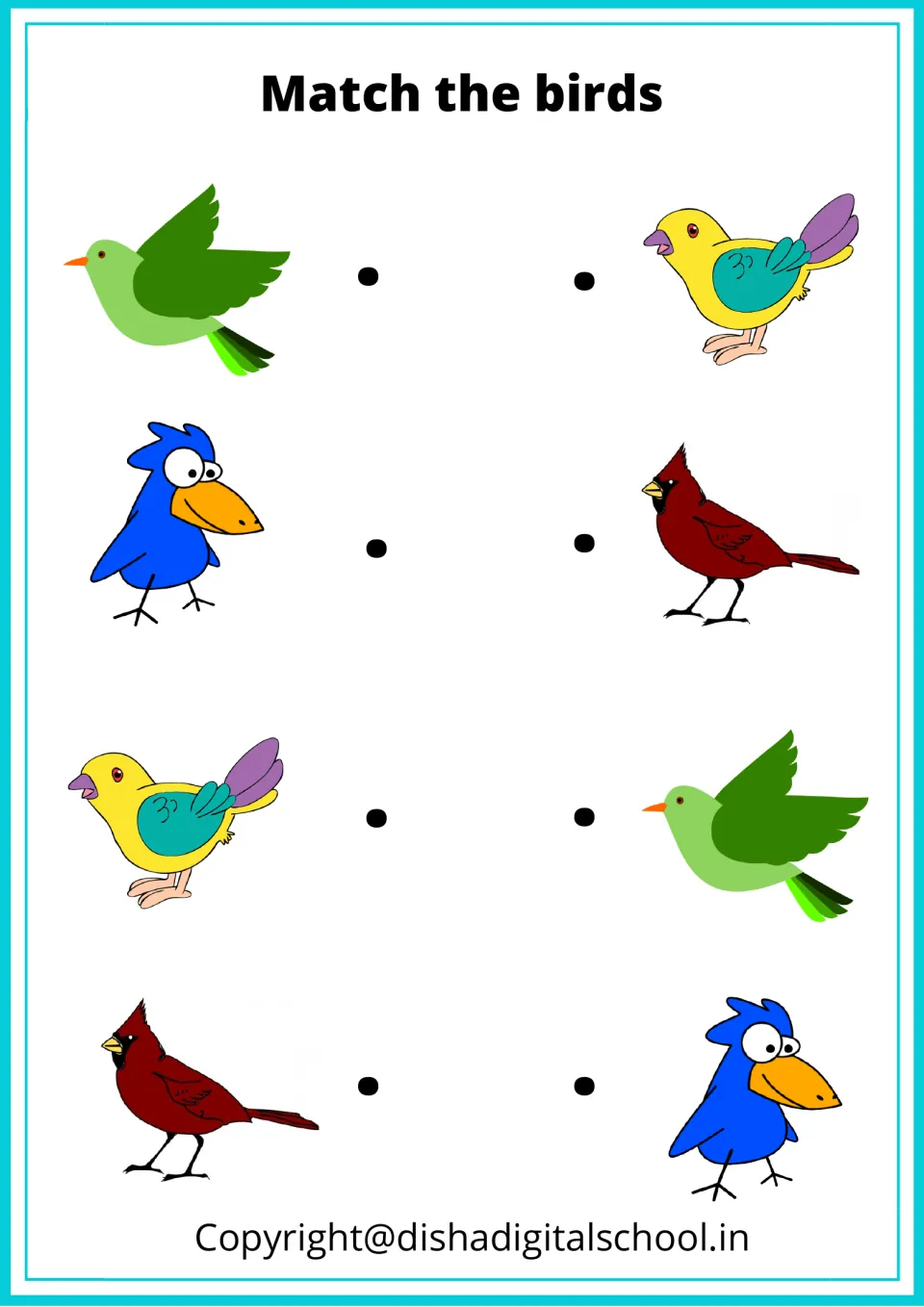 Bird matching activity pairs four repeated pictures: a green bird, blue bird, yellow bird, and red cardinal