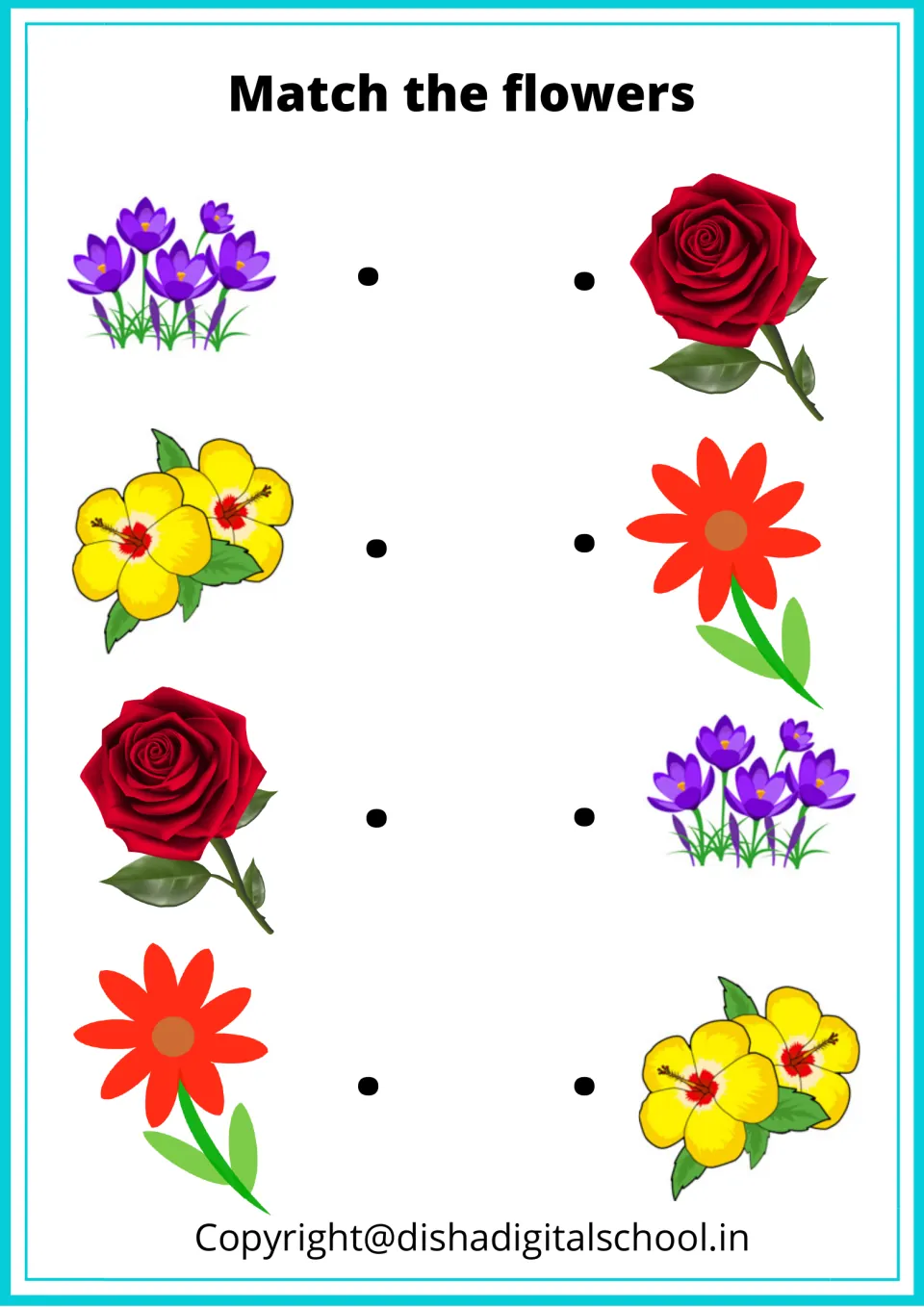 Flower matching activity pairs purple flowers, yellow flowers, a red rose, and an orange-red flower