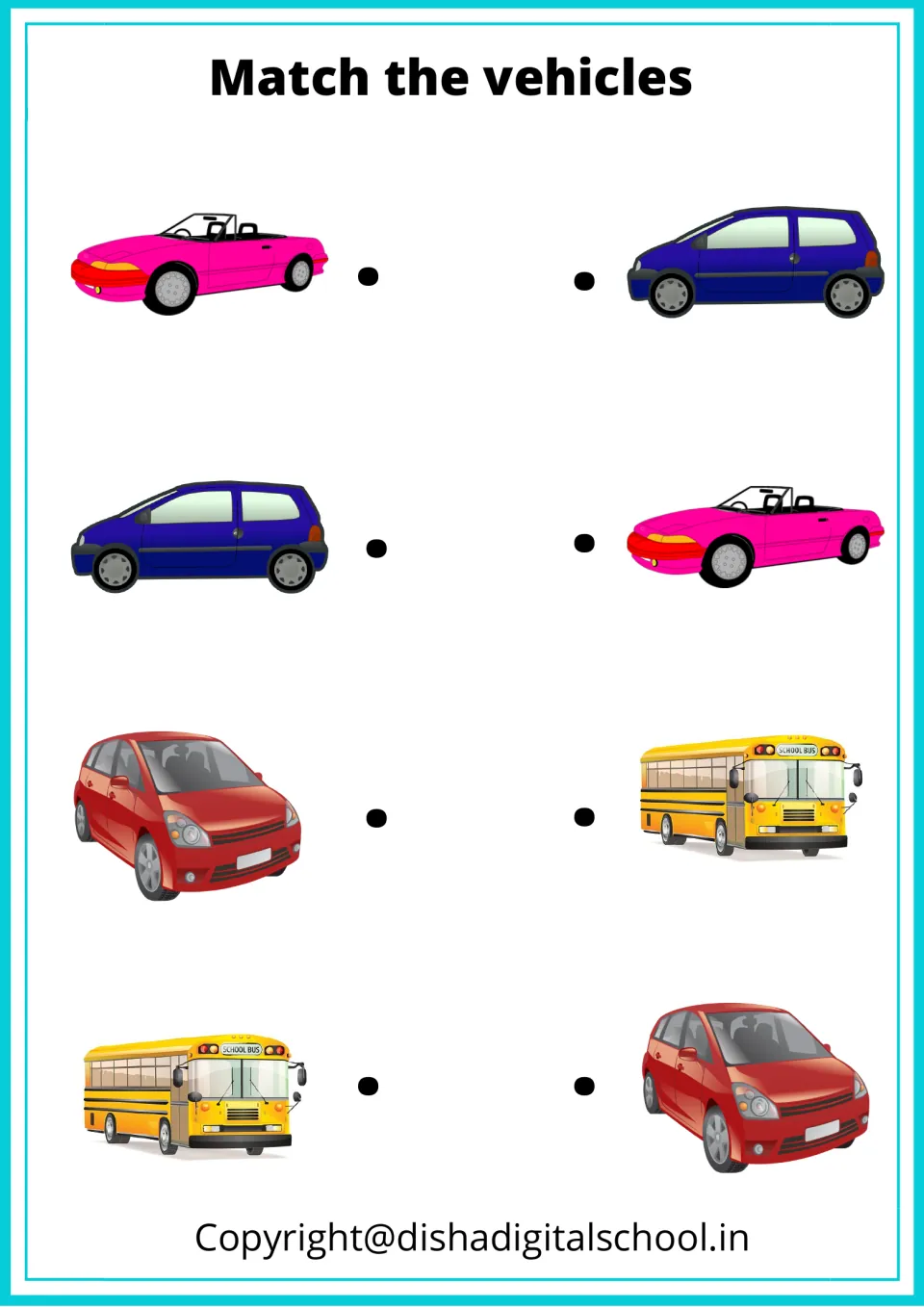 Vehicle matching activity pairs a pink convertible, blue car, red car, and yellow school bus with duplicates