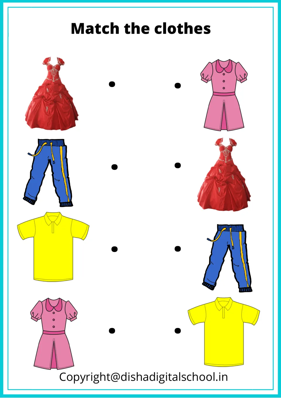 Clothing matching activity pairs a red gown, blue pants, yellow polo shirt, and pink dress with duplicates