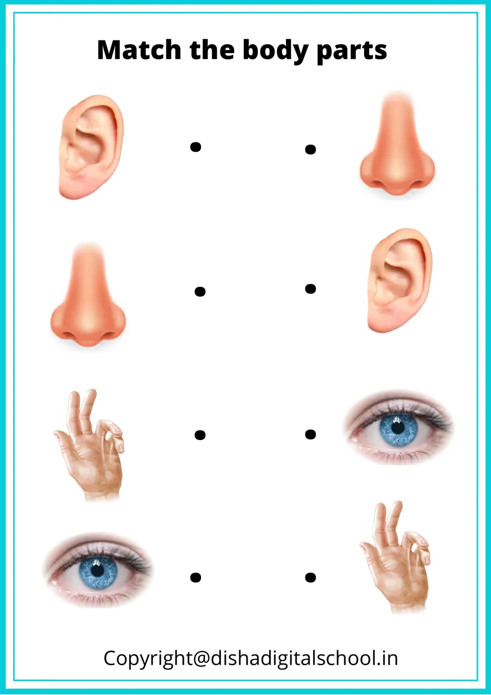 Body-part matching activity asks children to pair repeated pictures of an ear, nose, hand, and blue eye