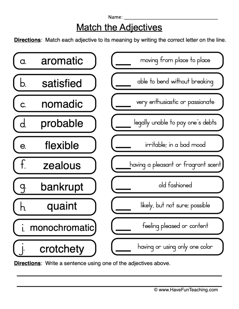 Match the Adjectives: students match 10 words like aromatic, nomadic and crotchety to meanings, then write a sentence