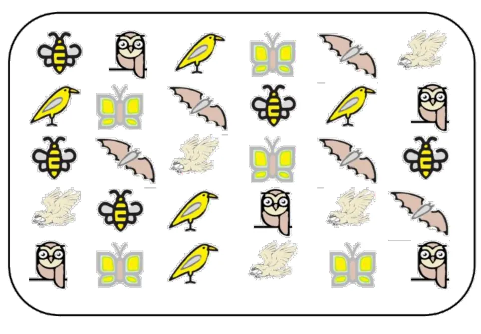 Color matching board with 30 animal pictures: bees, owls, butterflies, bats, eagles, and small birds