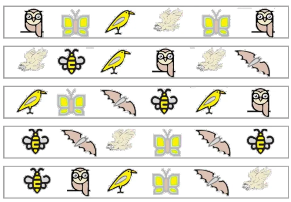 Five color matching strips, each with six animal pictures; the first starts with an owl and a butterfly