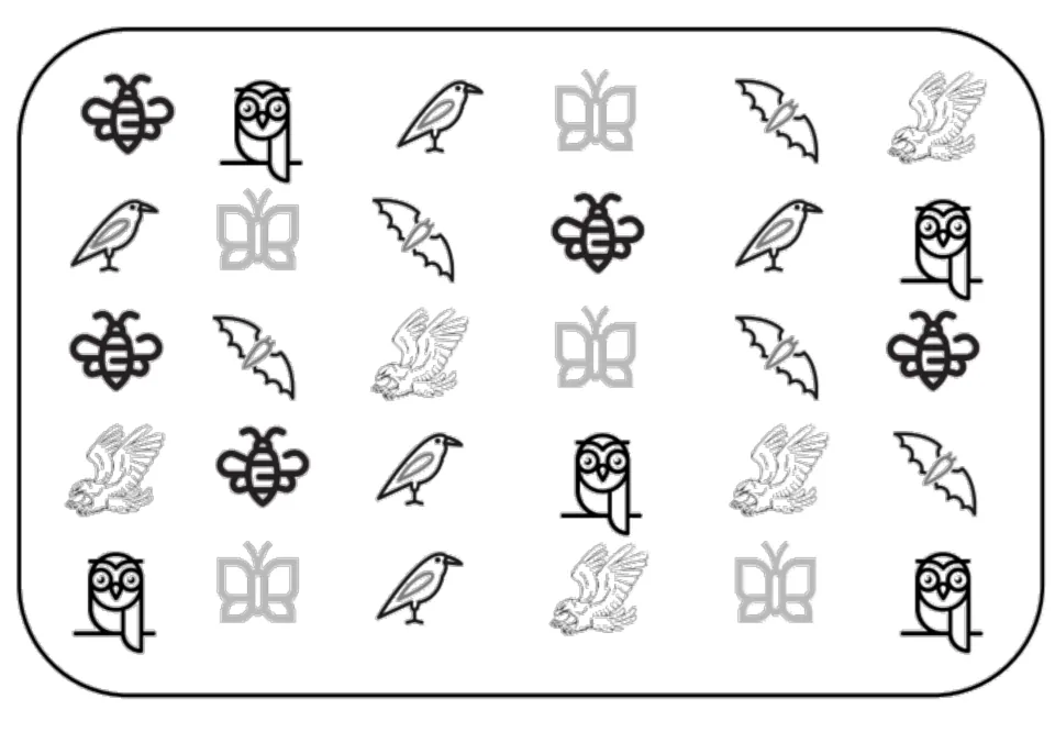 Black-and-white matching board with 30 pictures of bees, owls, butterflies, bats, eagles, and small birds