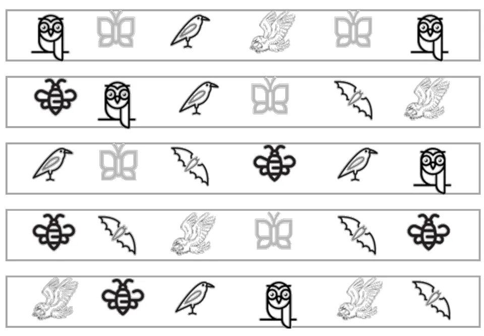 Five black-and-white matching strips with six animals each; the last starts with an eagle, bee, and bird