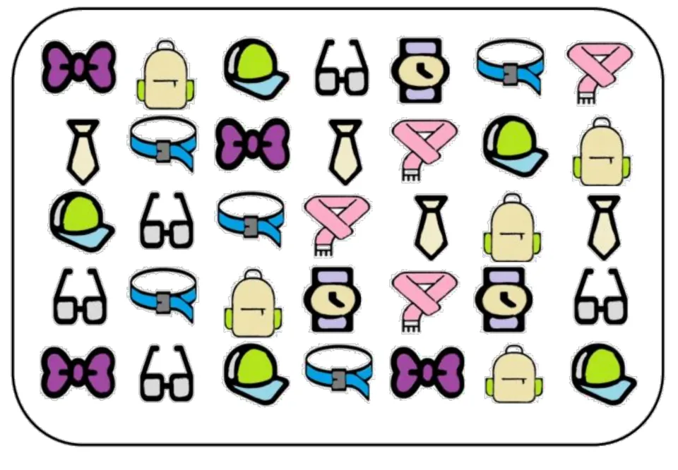 Color matching and memory board with 35 accessory pictures, including bows, backpacks, caps, and ties.
