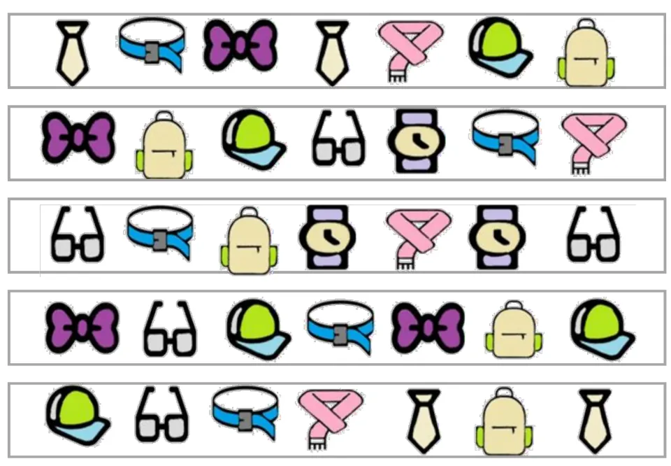 Five color matching strips with seven accessory pictures each, starting with tie, bow, glasses, bow, and cap.