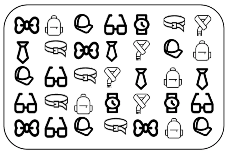 Black-and-white matching and memory board with 35 accessory pictures, including bows, backpacks, caps, and ties.