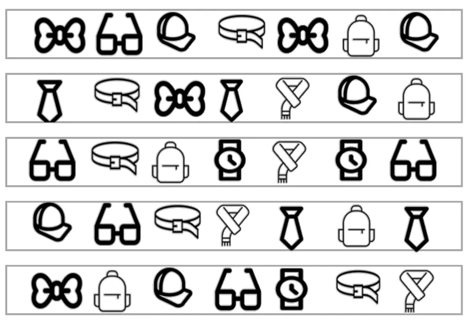 Five black-and-white matching strips, seven pictures each, starting with bow, tie, glasses, cap, and bow.