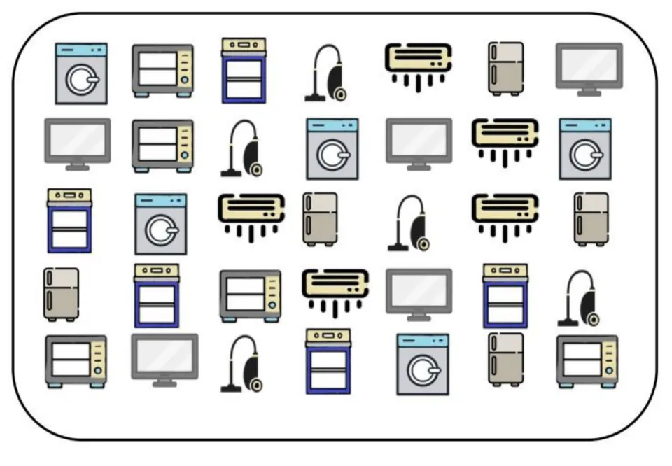 Color matching and memory board with 35 device pictures, including washers, ovens, vacuums, and TVs.