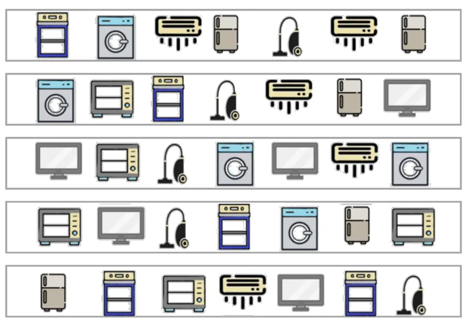 Five color matching and memory strips of seven devices each, starting with an oven, washer, and AC unit.