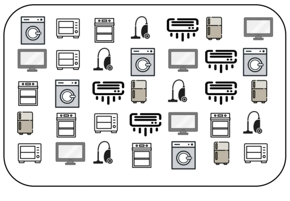 Black-and-white matching and memory board with 35 device pictures, including fridges, ovens, and vacuums.