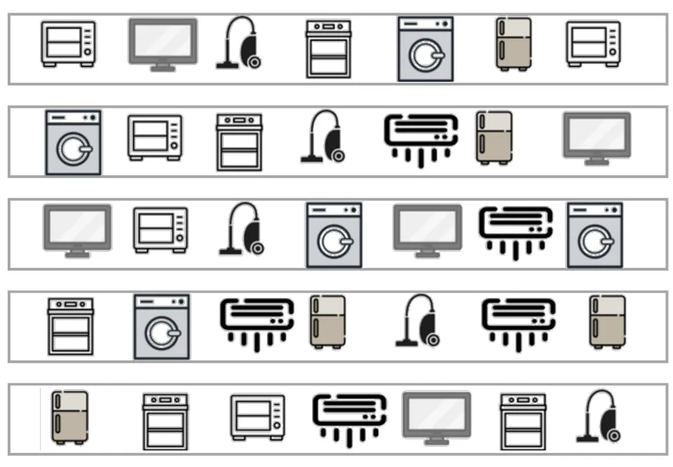 Five black-and-white matching and memory strips of seven devices each, starting with a microwave and TV.