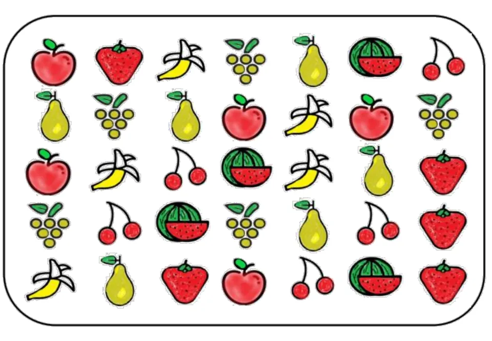 Color matching and memory board with 35 fruit pictures: apples, strawberries, bananas and four more fruit types