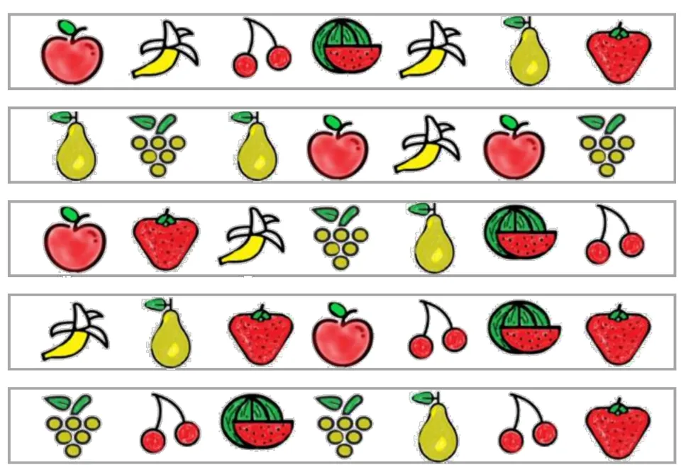 Five color fruit strips for matching and memory, each with seven pictures including apples, bananas and pears