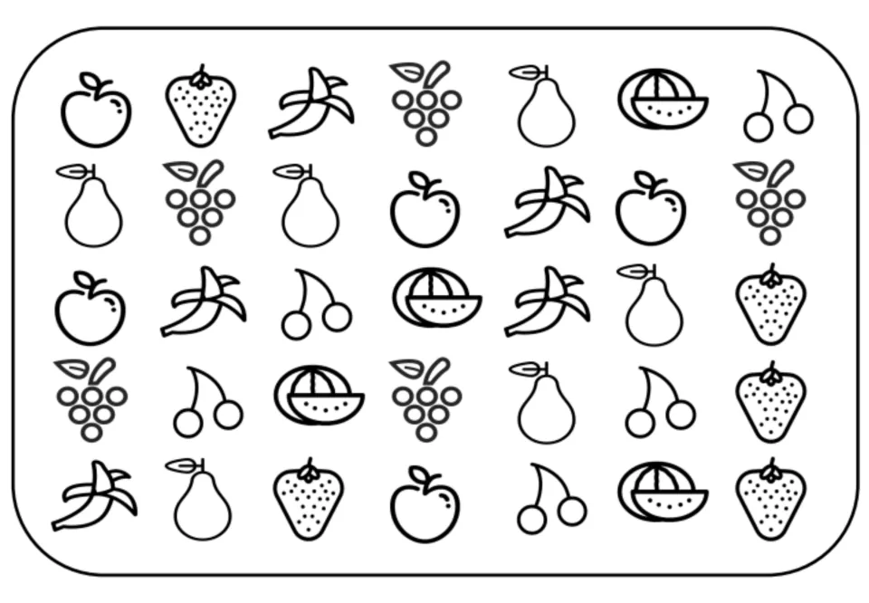 Black-and-white matching and memory board with 35 fruit pictures, including grapes, cherries and strawberries
