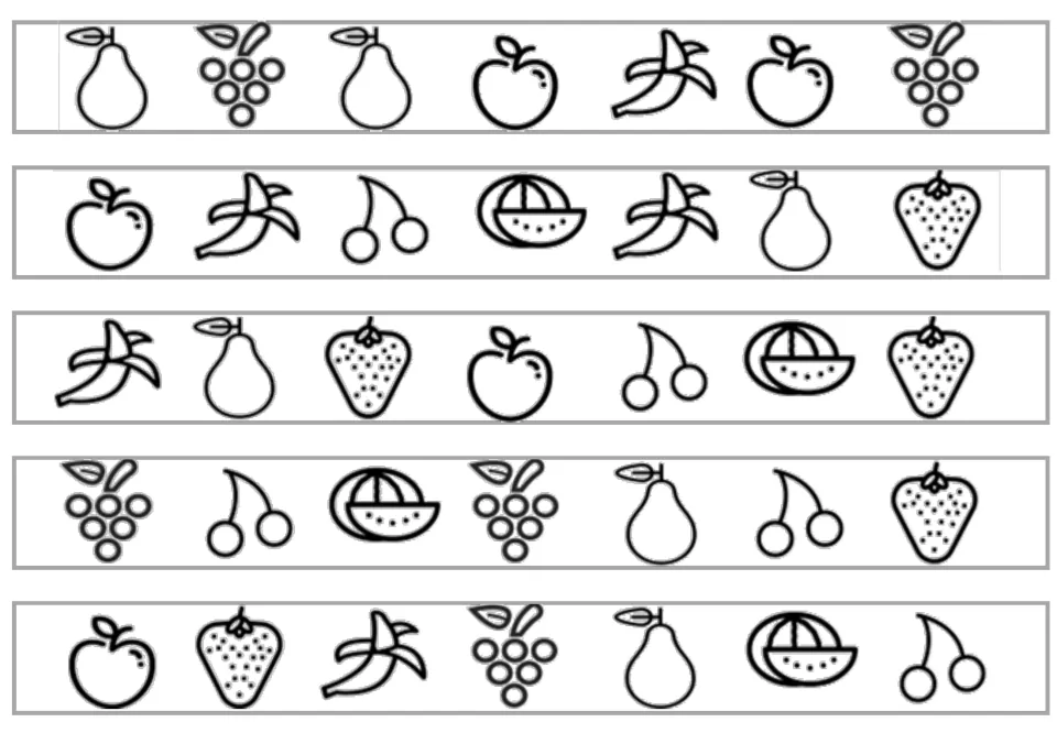 Five black-and-white fruit strips for matching and memory, each with seven pictures including pears and apples