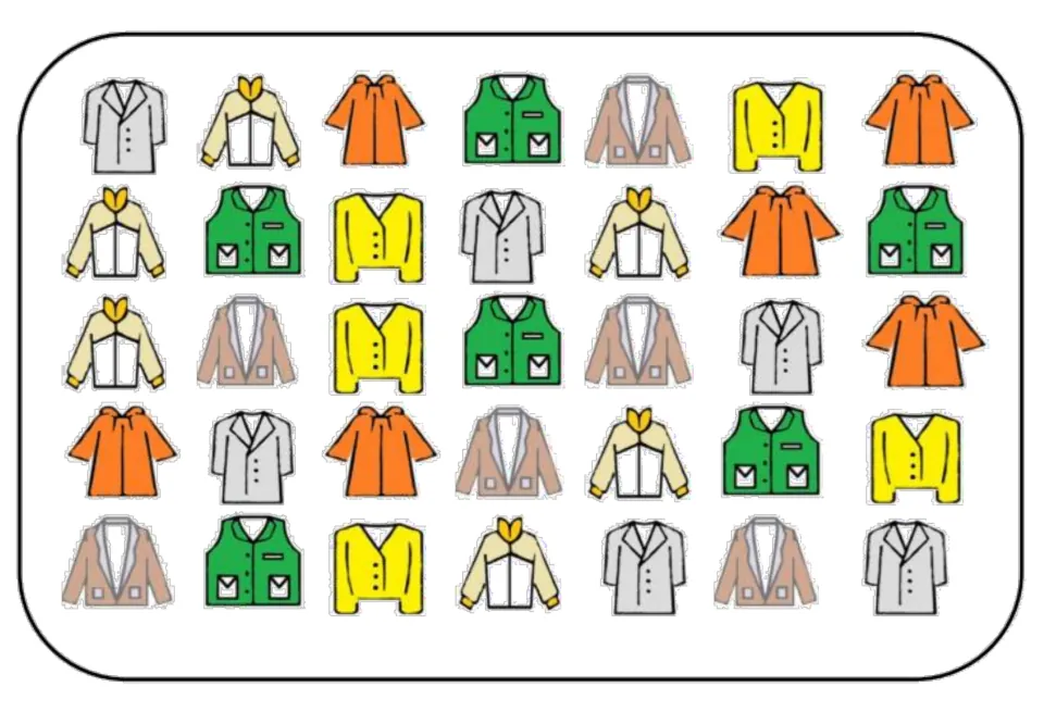 Color outerwear matching and memory board: 35 pictures of coats, jackets, vests, blazers, and cardigans