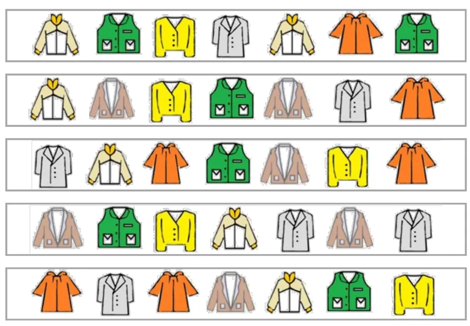 Five color outerwear matching strips, each showing seven coat, jacket, vest, blazer, or cardigan pictures