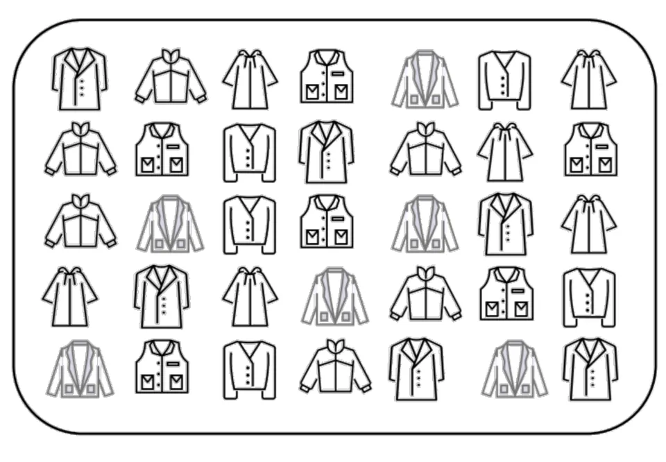 Black-and-white outerwear matching and memory board: 35 pictures of coats, jackets, vests, and more