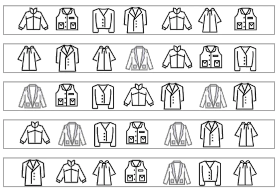 Five black-and-white outerwear matching strips, each containing seven pictures from the matching board