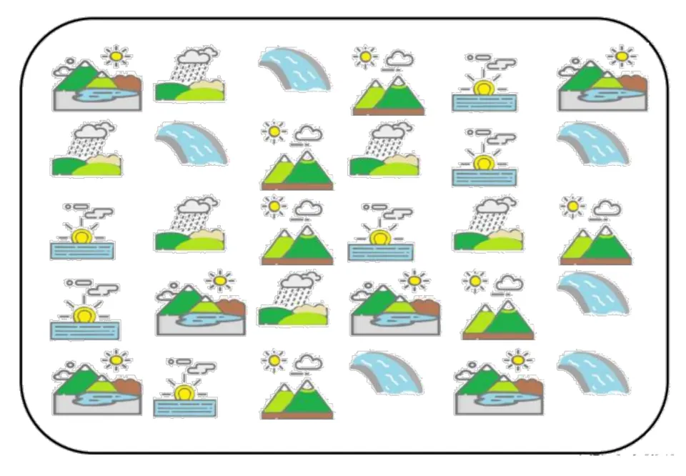 Color matching and memory board with 30 rural pictures: ponds, rain, waterfalls, mountains, and sun over water