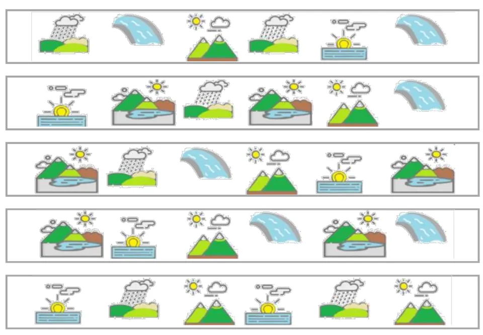 Five color matching strips, each with six rural pictures showing rain, waterfalls, mountains, ponds, and sun