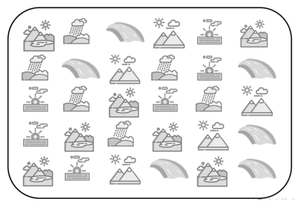 Grayscale matching and memory board with 30 rural pictures: ponds, rain, waterfalls, mountains, and sun