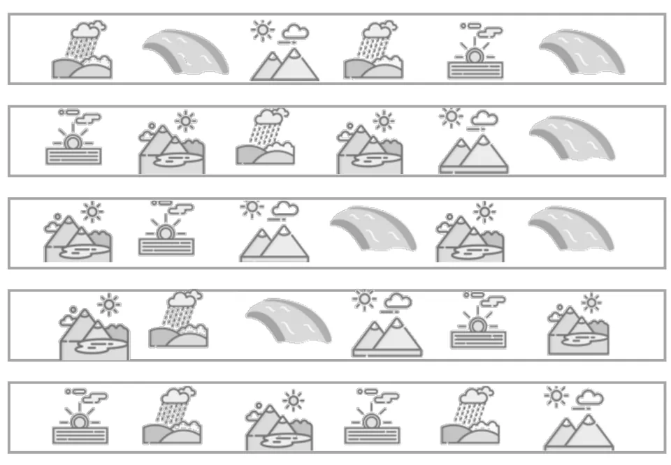 Five grayscale matching strips, each with six rural pictures of ponds, rain, waterfalls, mountains, and sun