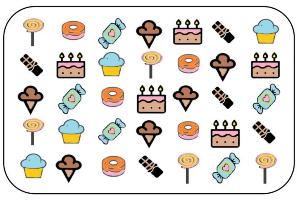 Color matching and memory board: 35 pictures of lollipops, donuts, wrapped candies and four more sweets