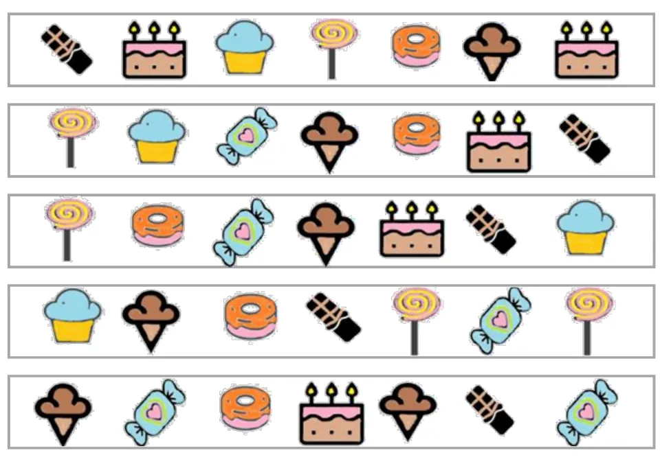 Five color matching and memory strips, each with seven sweets, including cakes, cupcakes and chocolate bars